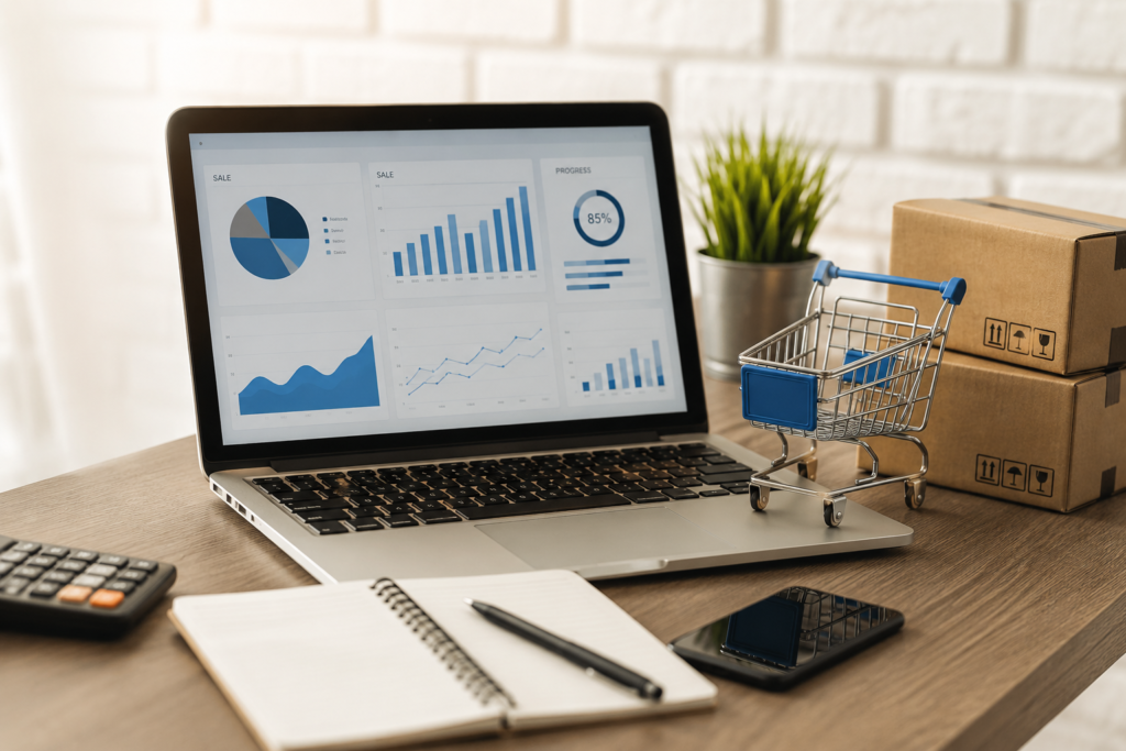 Laptop com dashboard de marketing digital, carrinho de compras e caixas representando conteúdo que gera autoridade e vendas