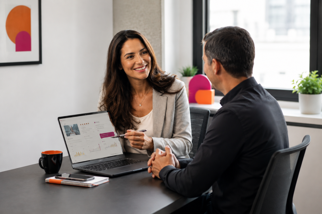 Profissional de marketing digital em reunião de consultoria com cliente prestador de serviço