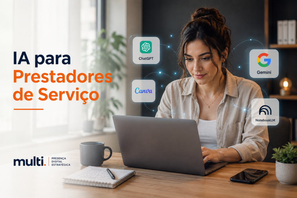 Prestador de serviço usando ferramentas de inteligência artificial no computador para otimizar seu negócio