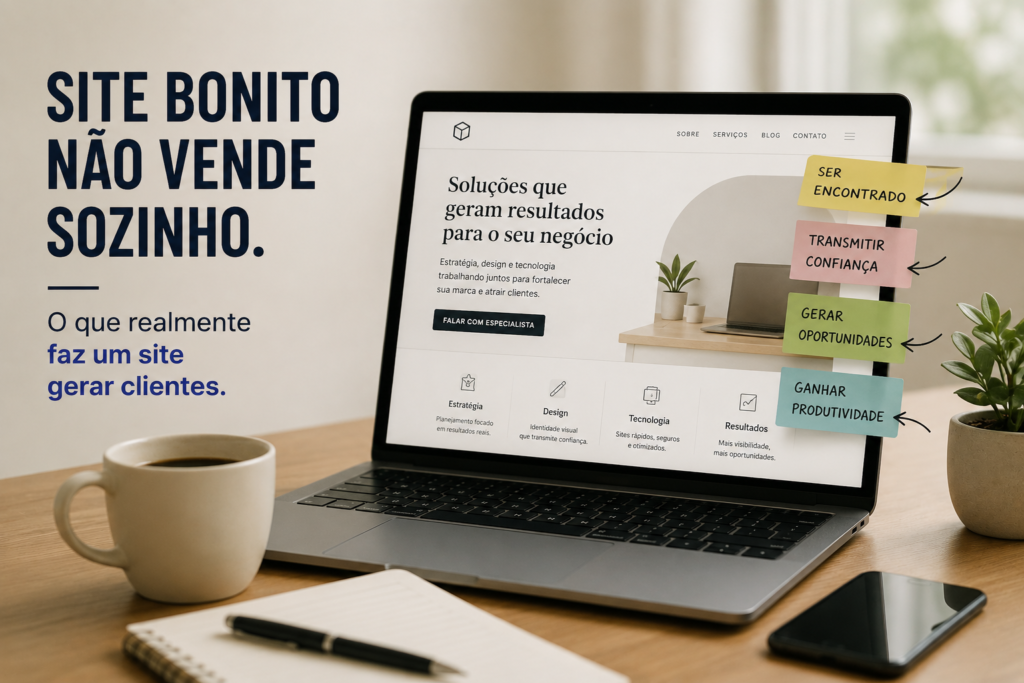 Laptop com site profissional na tela mostrando que site bonito não vende sozinho sem estratégia digital