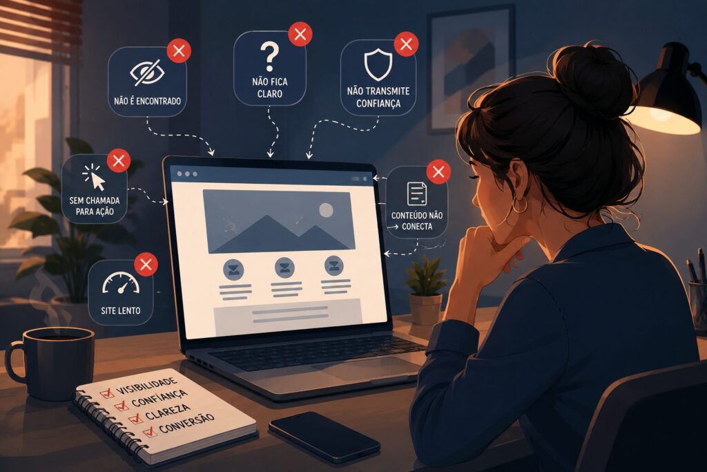 Prestador de serviço analisando o próprio site no notebook, representando a busca por melhorias na presença digital