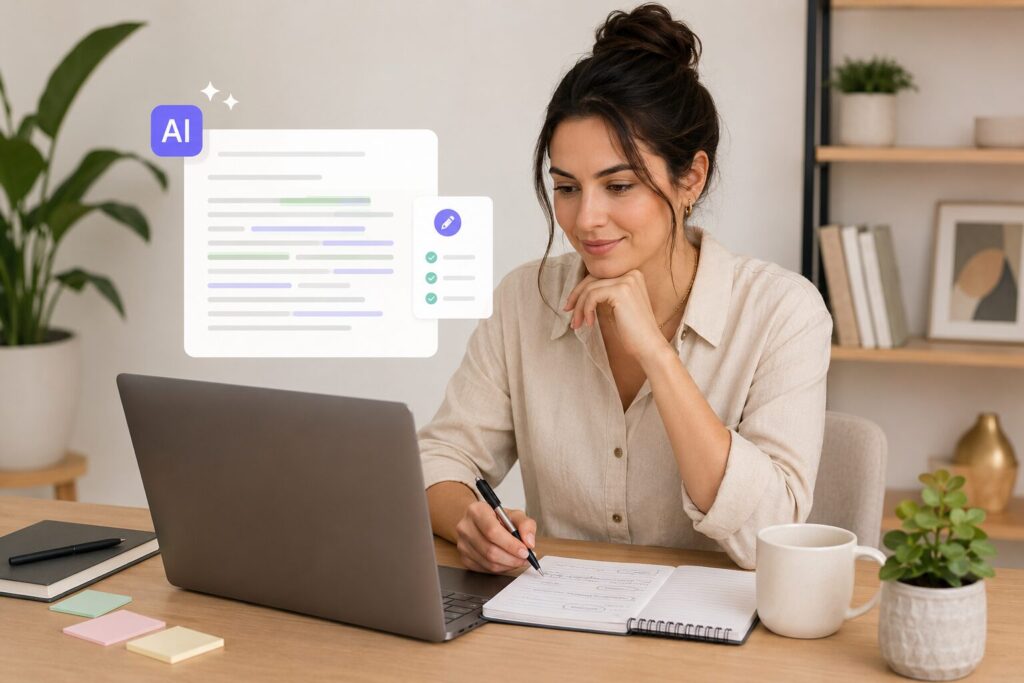 Prestadora de serviço revisando conteúdo criado com inteligência artificial no notebook, ajustando o texto para manter a voz da marca.