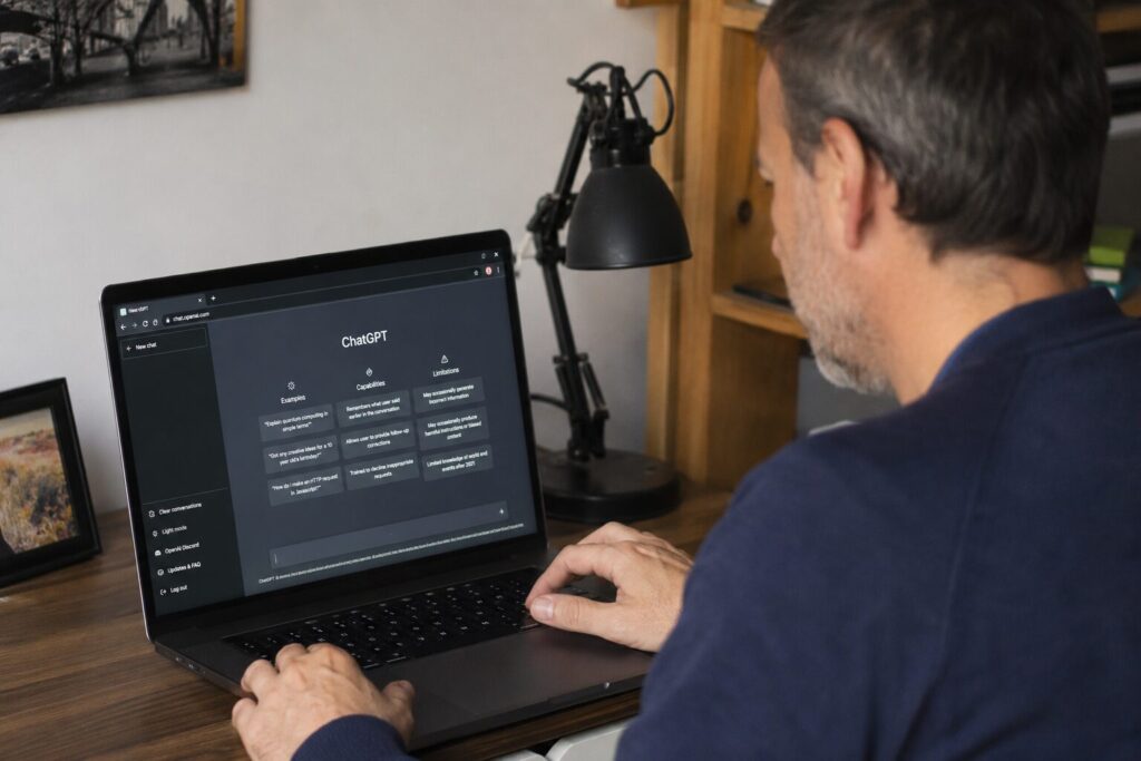 Prestador de serviço usando inteligência artificial no notebook para organizar o próprio negócio.