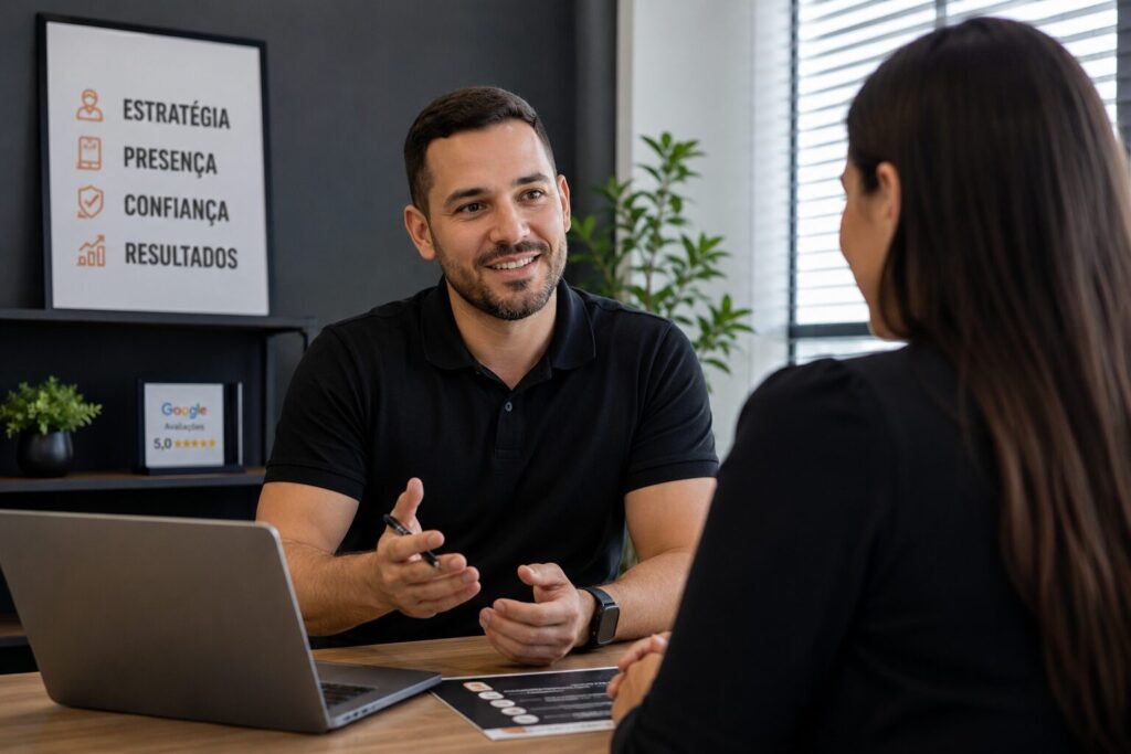 Prestador de serviço conversando com cliente, representando a confiança necessária no marketing de serviços.